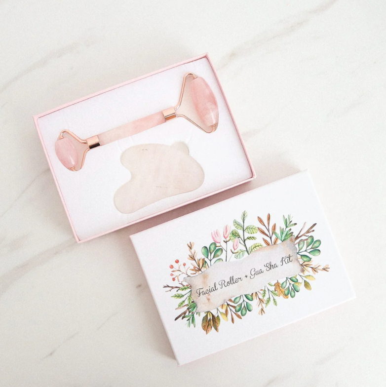 Kit Rodillo & Gua Sha de Cuarzo Rosa